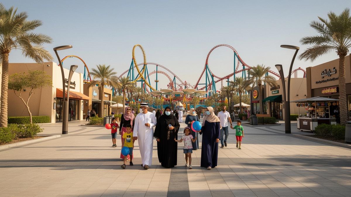 Family enjoying a bright modern theme park promenade with rides and welcoming public spaces